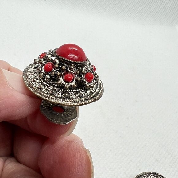 Vintage Austria Clip-On Earrings Silver Tone Dome Red Stone Cabochons - Picture 3 of 6